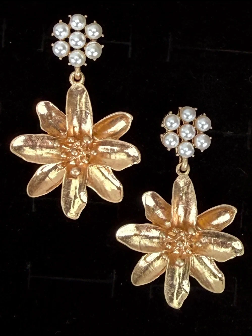Goldtone Floral Flower Drop Pierced Earrings with Faux Pearl Clusters